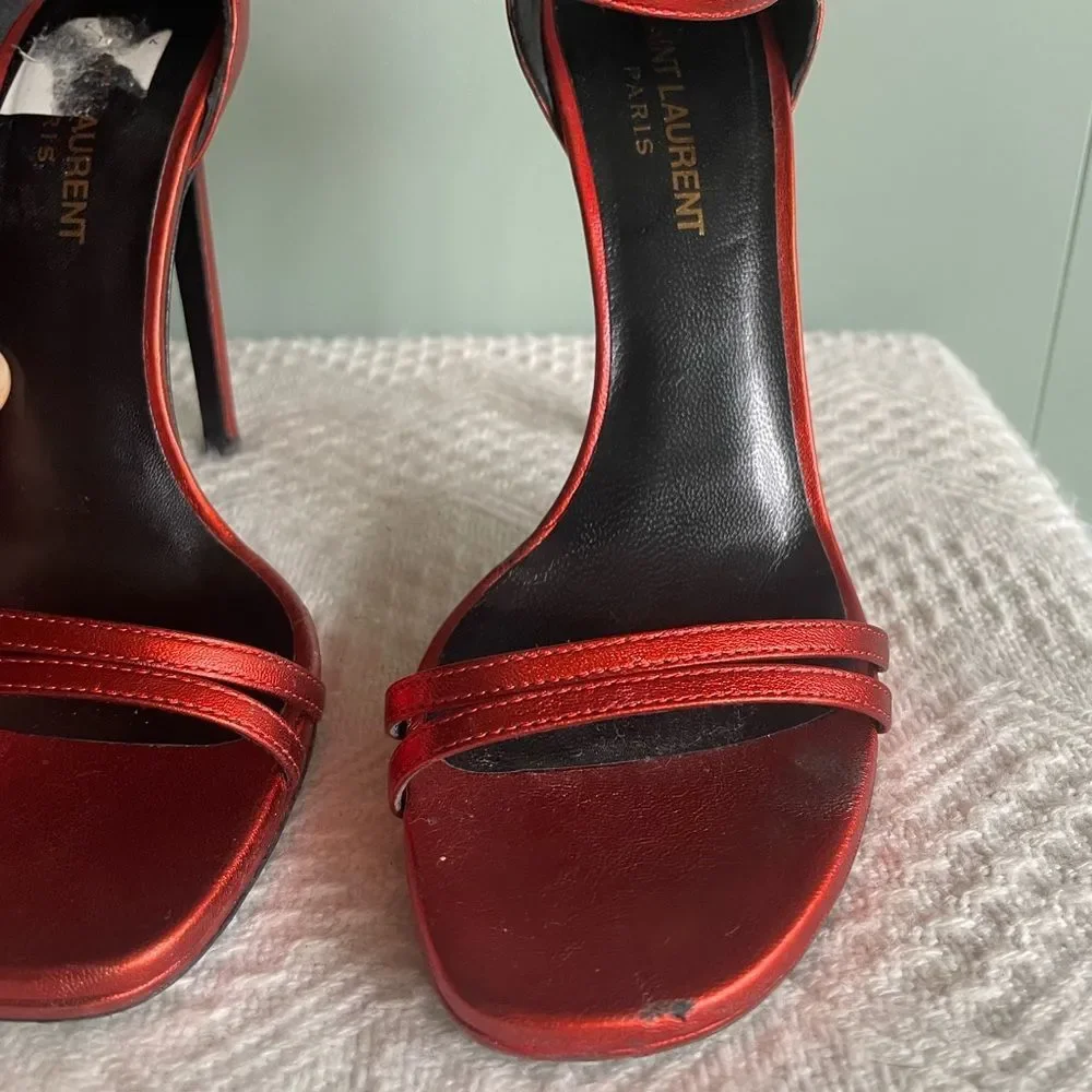 Saint Laurent / YSL Strappy Heeled Sandals, Metallic Rouge Orient, Size 37 - Picture 7 of 11